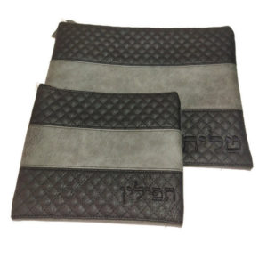 Faux Leather Black/Grey Tallit & Tefillin Bag Set