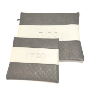 Faux Leather Grey/Off white Tallit & Tefillin Bag Set